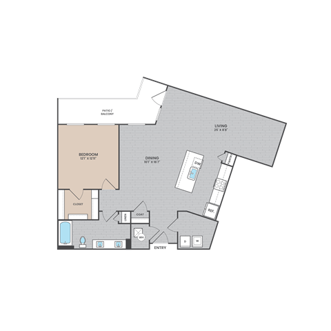 Floor plan for 1 bed, 1 bath, 1000 sqft